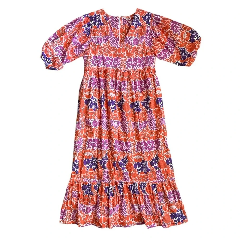 Briton Court Orchid Colorful Orange Purple Floral Midi Dress Puff Sleeves Medium - Picture 1 of 5